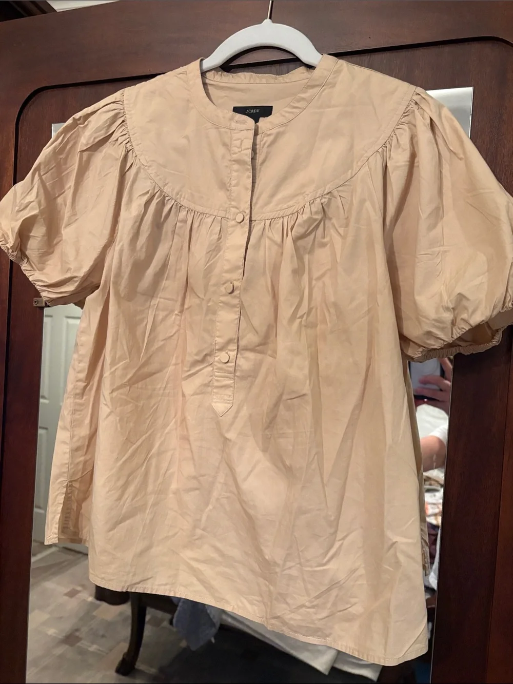 J. Crew Puff-Sleeve Cotton Popover Top in Light Beige